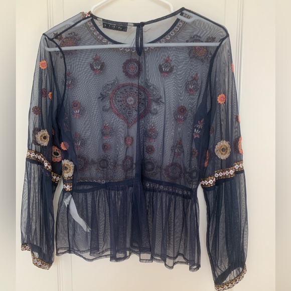 ZARA Basic Embroidered Sheer Mesh Boho Blouse Peplum Top Navy Size L - Picture 3 of 13
